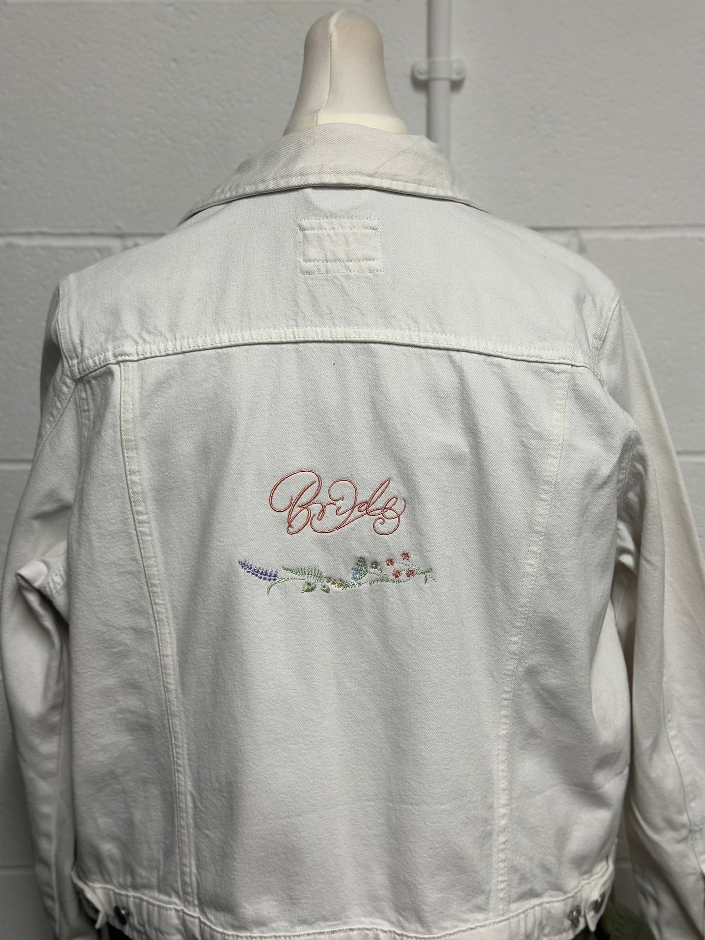 Bridal White Denim Jacket with Pink Script & Wildflower Wreath