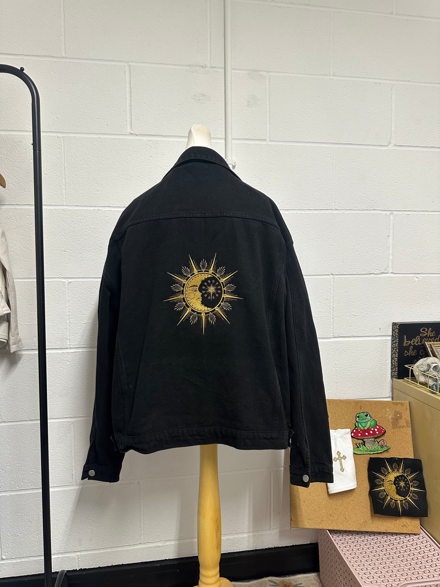 Star & Moon Embroidered Black Denim Jacket