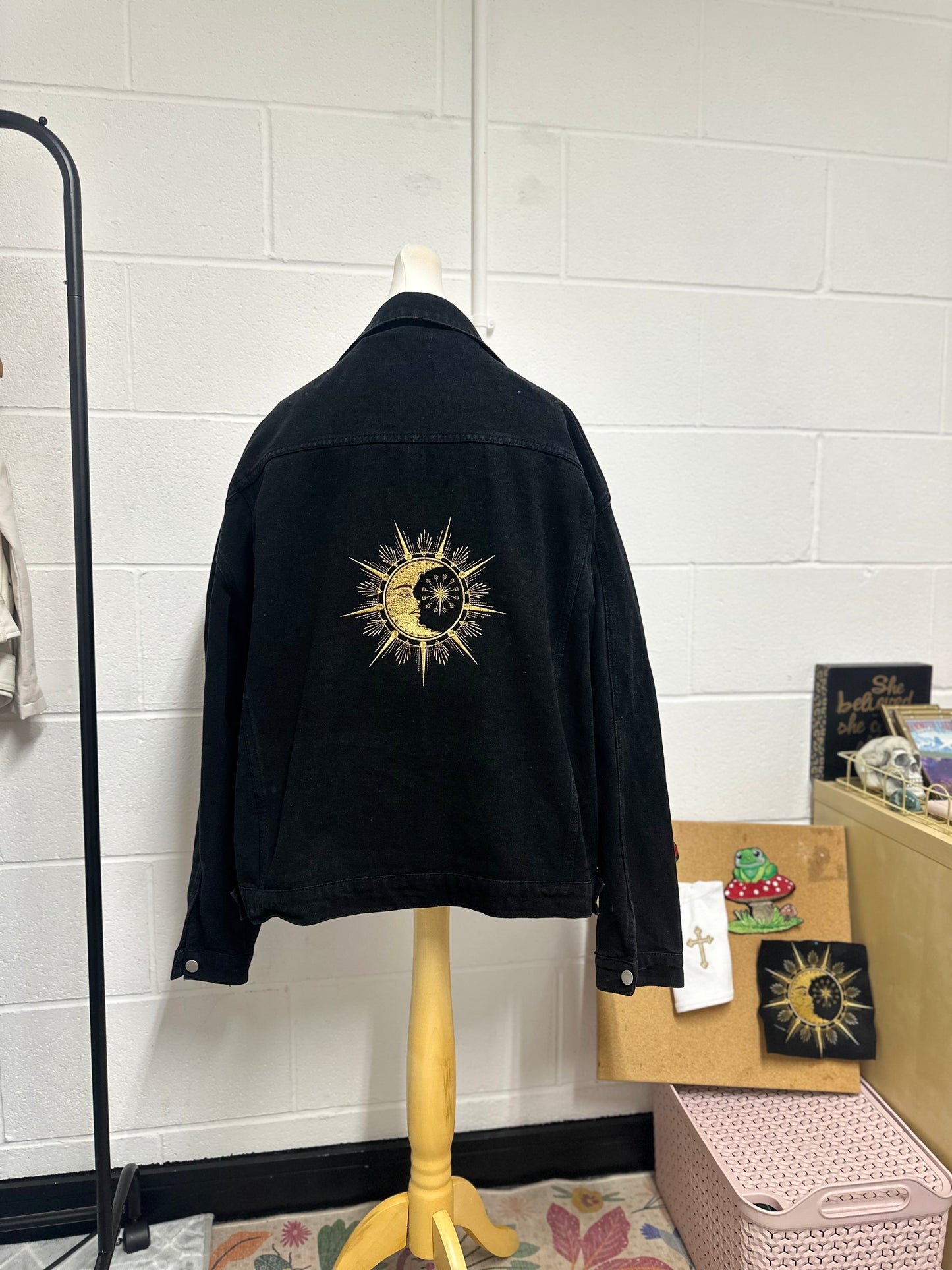Star & Moon Embroidered Black Denim Jacket