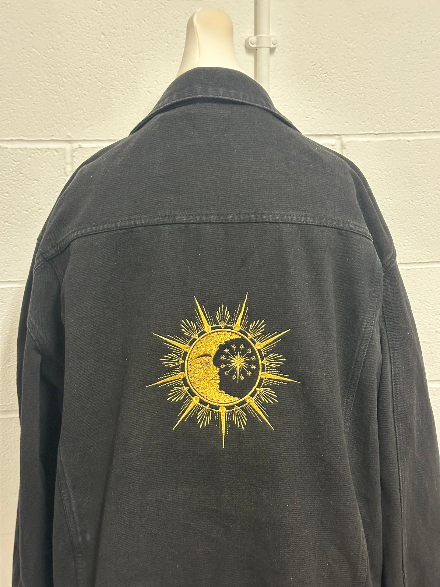 Star & Moon Embroidered Black Denim Jacket