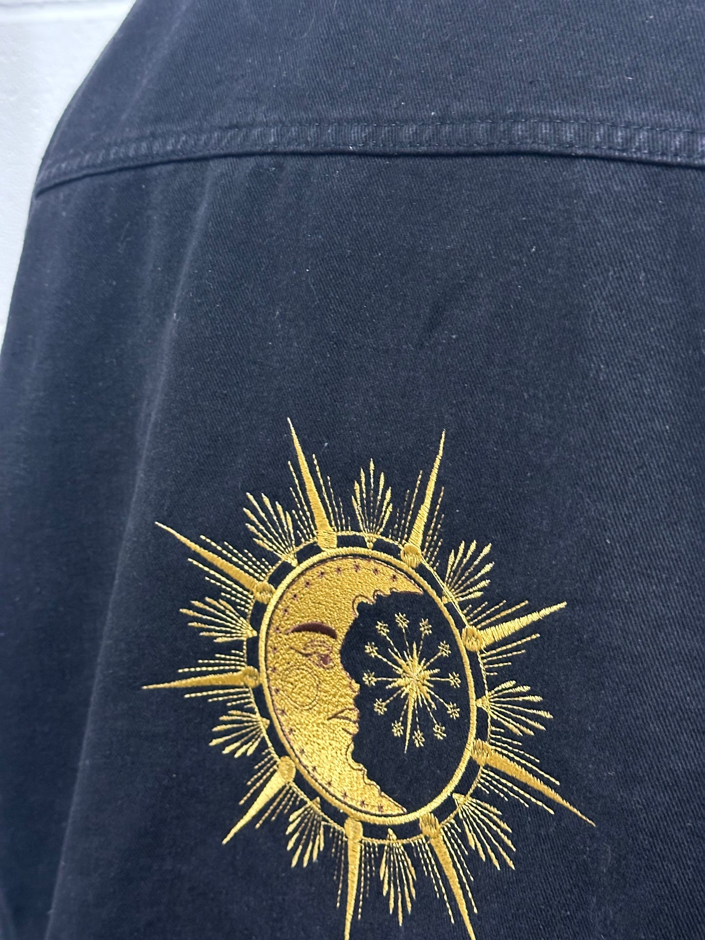 Star & Moon Embroidered Black Denim Jacket