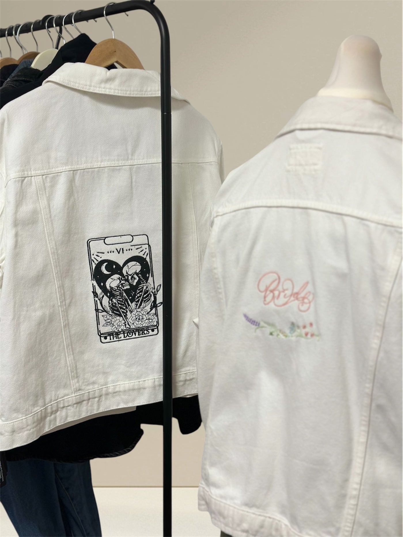Bridal White Denim Jacket with Pink Script & Wildflower Wreath