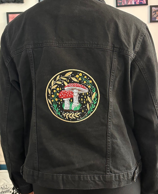 Mystic Mushroom Embroidered Black Denim Jacket