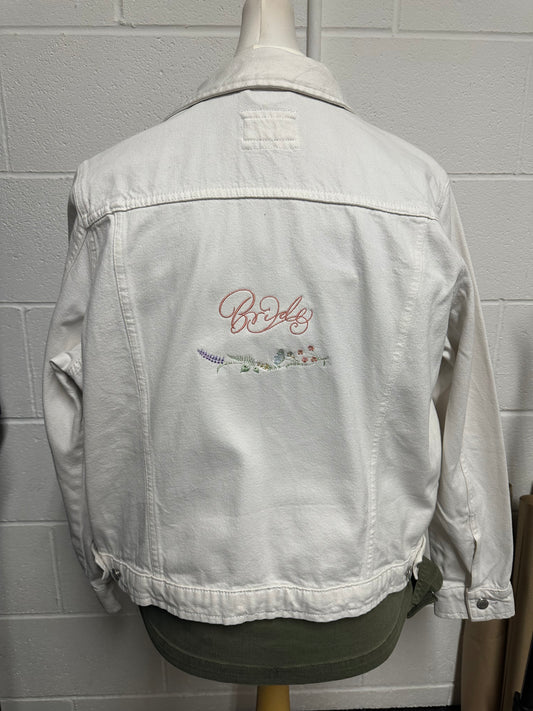 Bridal White Denim Jacket with Pink Script & Wildflower Wreath