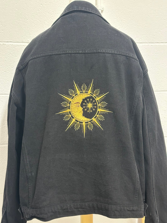 Star & Moon Embroidered Black Denim Jacket