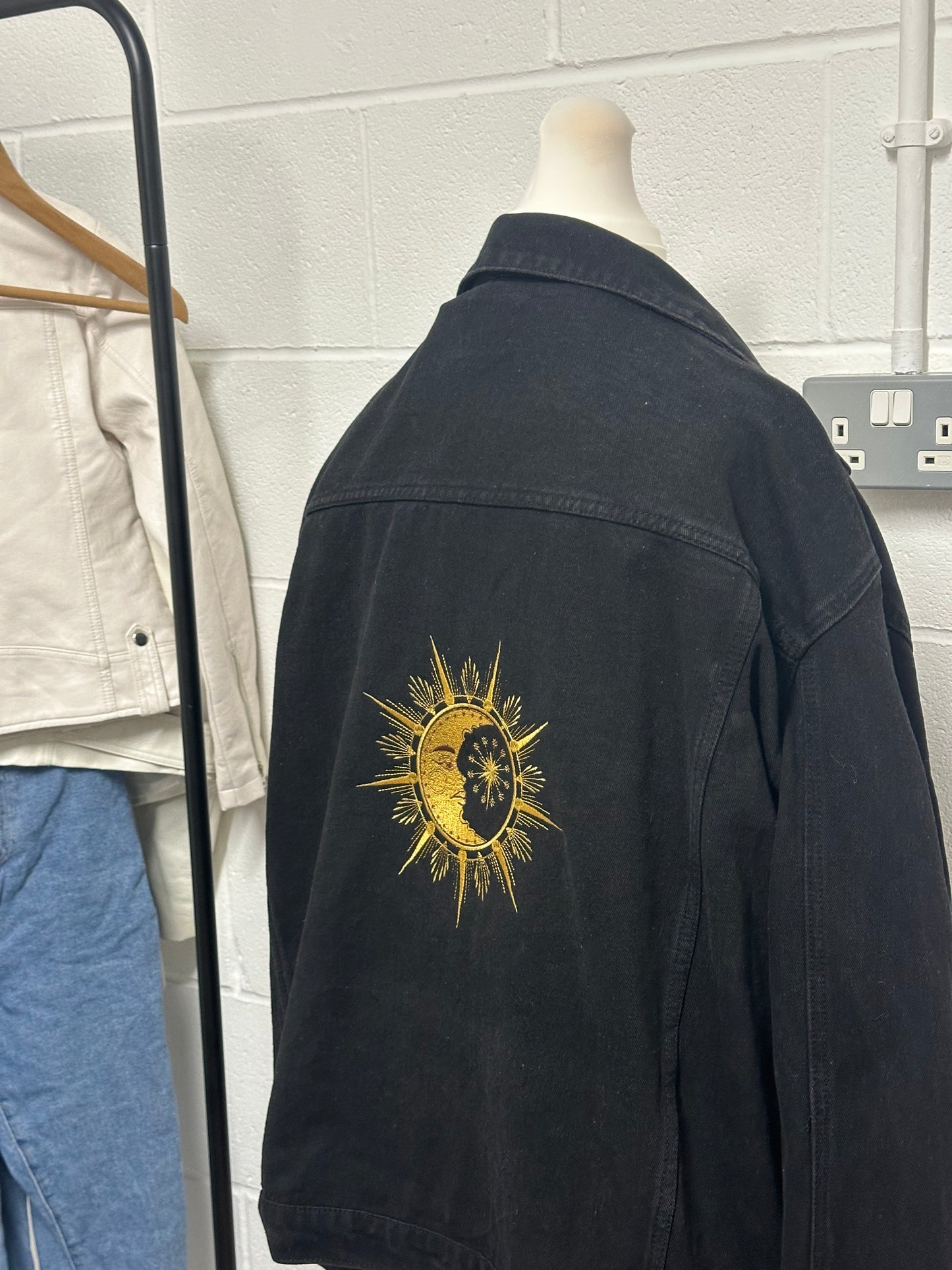 Star & Moon Embroidered Black Denim Jacket